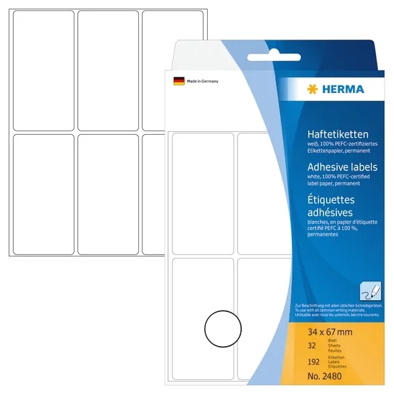 HERMA Etikett, manuel, 34 x 67 mm, weiß, 192 Stück.