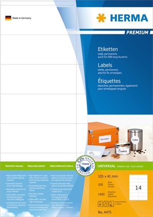 HERMA Premium Etiketten A4 100 Stück, 105 x 41 mm, 1400 Stück.