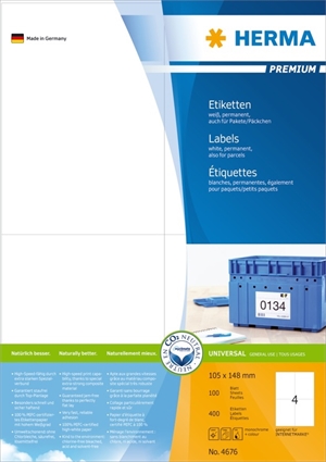 HERMA Premium Etiketten A4 100 Stück 105 x 148 mm, 400 Stück.