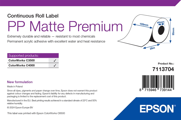 Epson PP Matte Etikett Premium, Endlosrolle, 105 mm x 29 m