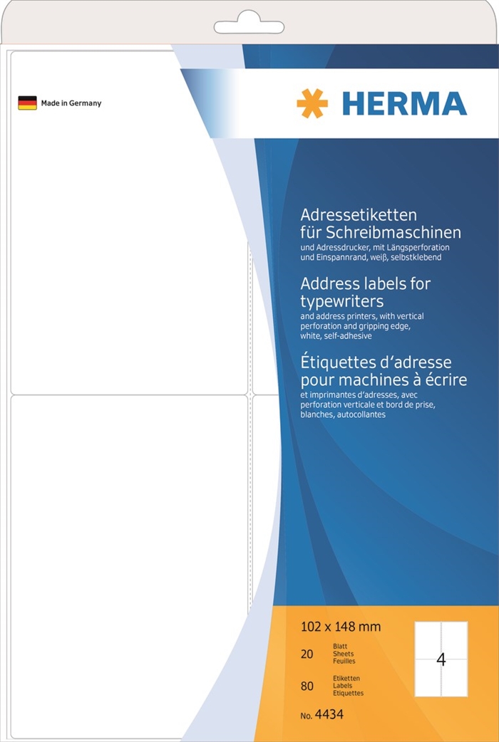 HERMA Adressetikett für Schreibmaschine, 102 x 148 mm, 80 Stück.