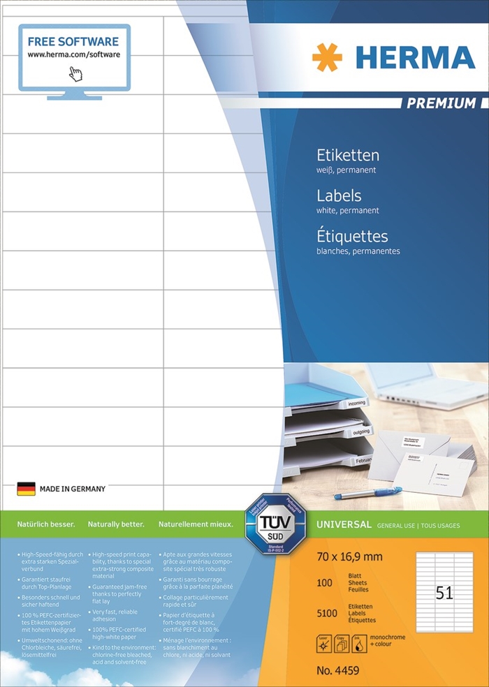 HERMA Etiketten Premium A4 100 Stück 70 x 16,9 mm, 5100 Stück.