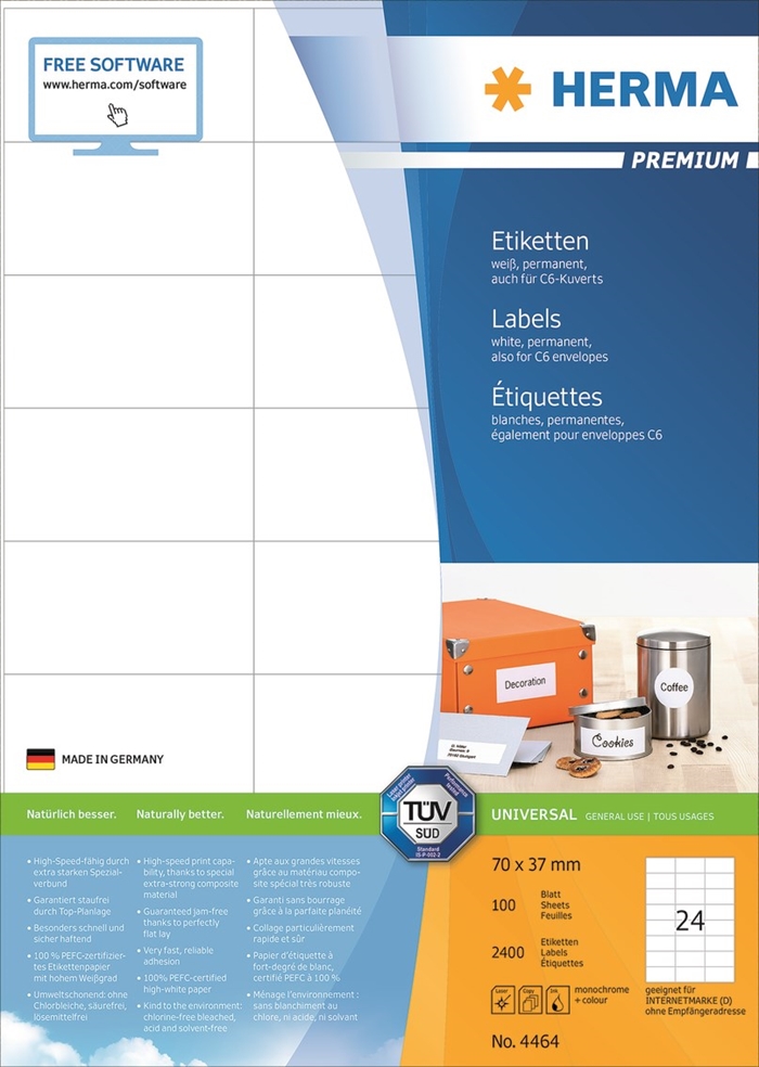 HERMA-Etikett Premium A4, 100 Blatt, 70 x 37 mm, 2400 Stück.