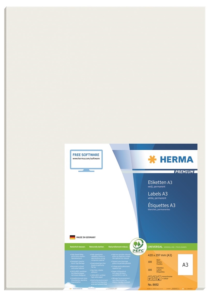 HERMA Etikett Premium A3 100 420 x 297 mm, 100 Stück.