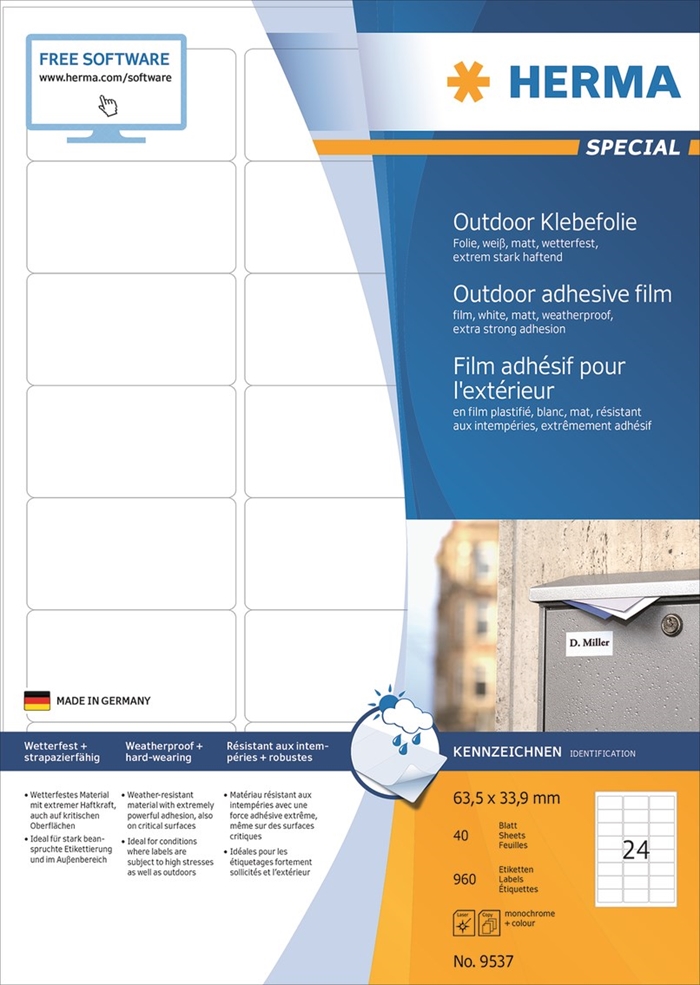 HERMA Etikettenfolie extra stark 63,3 x 33,9 mm, 960 Stück.